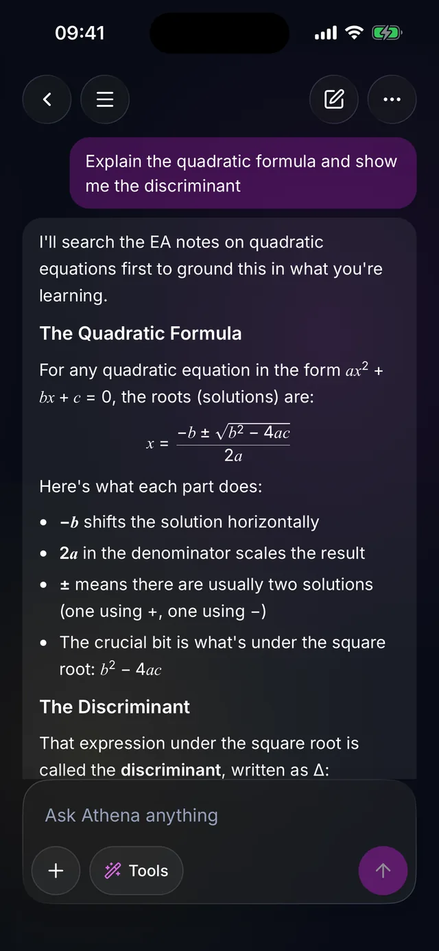 The Athena AI tutor answering a question about the quadratic formula with typeset maths