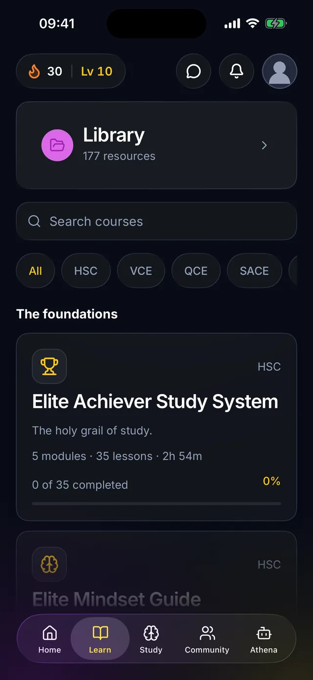 The Learn tab showing course modules