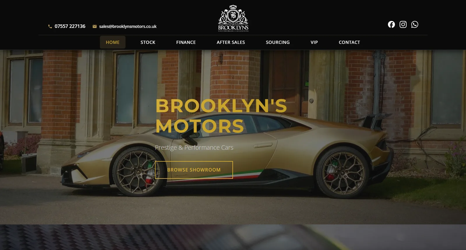 The Brooklyn's Motors homepage, a gold Lamborghini Huracan outside a red brick house