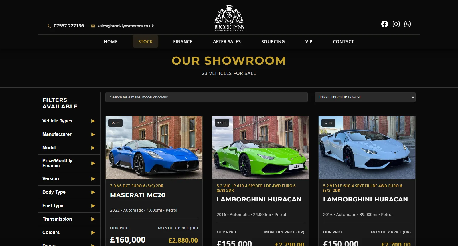 The showroom page listing cars with prices and monthly finance figures