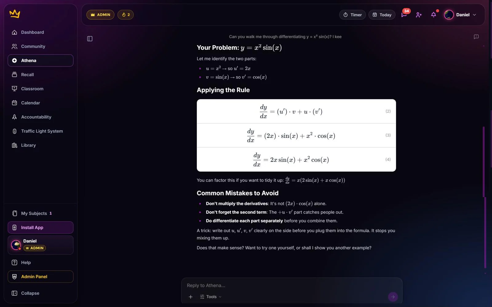 Athena, the AI tutor, working through the product rule for y = x² sin(x) with typeset equations
