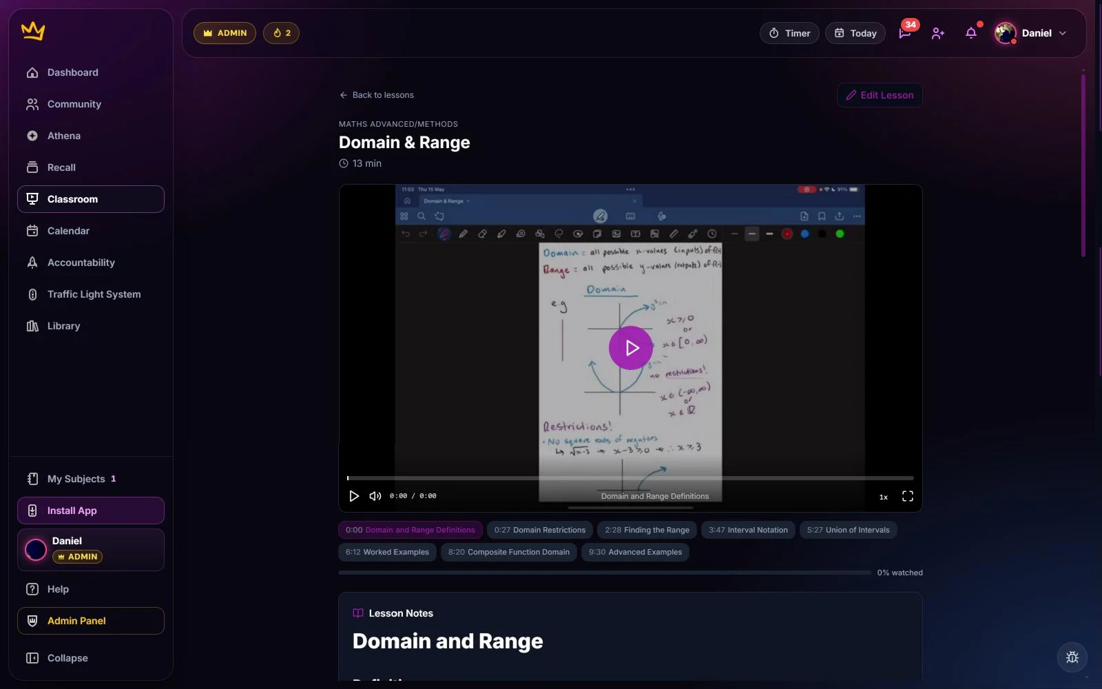 A Maths Advanced lesson on domain and range, with video, chapter markers and lesson notes
