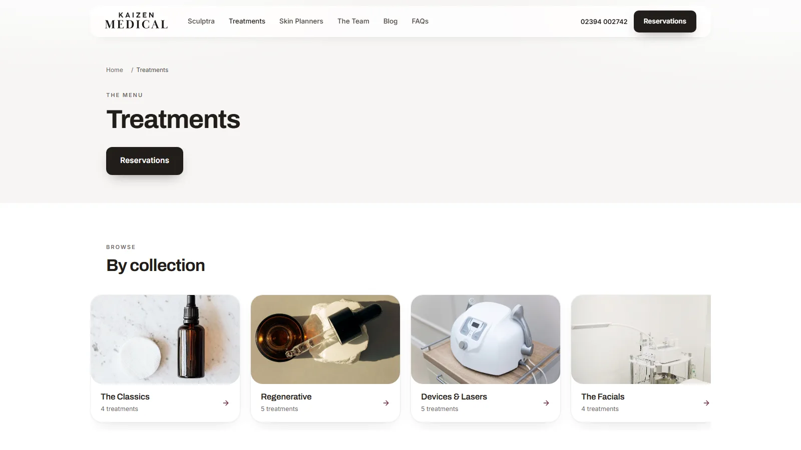 The treatments page, browsed by collection