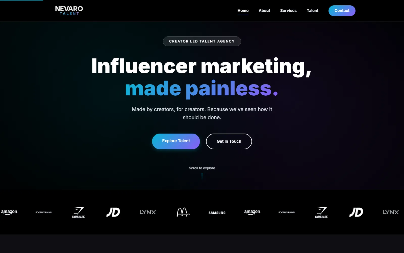 The Nevaro Talent homepage: influencer marketing, made painless