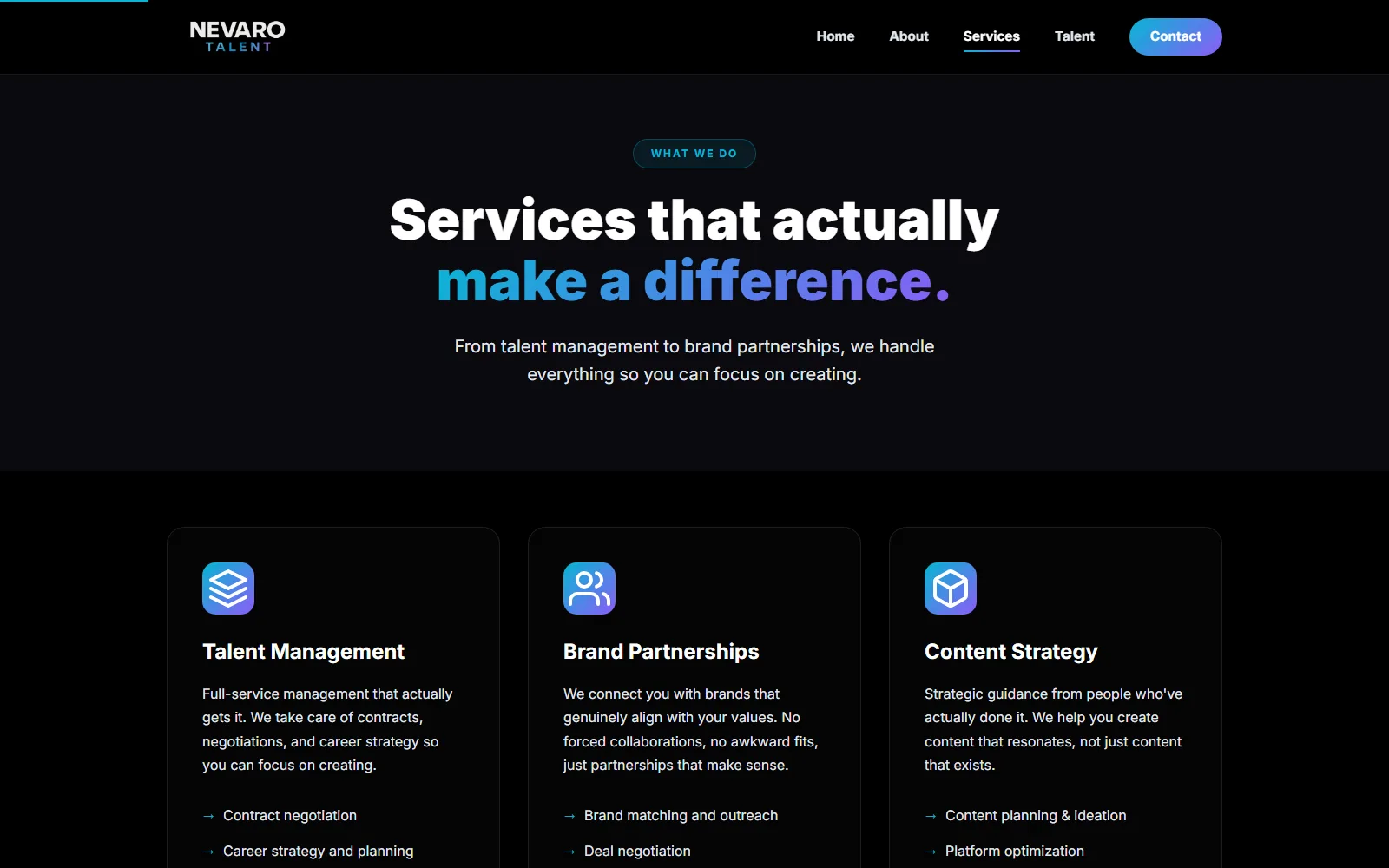 The services page: talent management, brand partnerships and content strategy