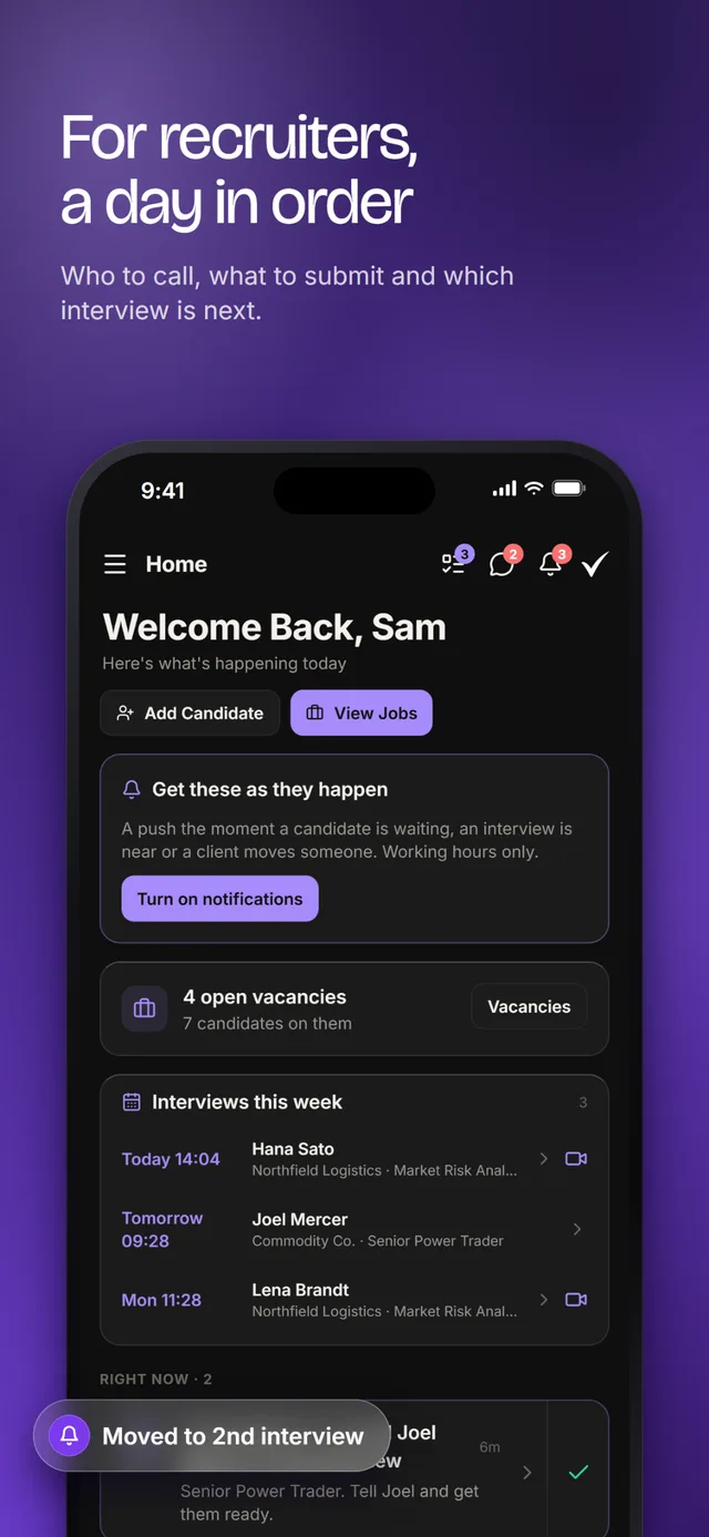 The agency home screen with interviews this week and pipeline moves