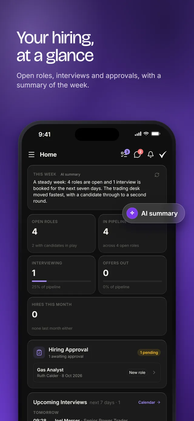 The hiring team home screen with an AI summary of the week