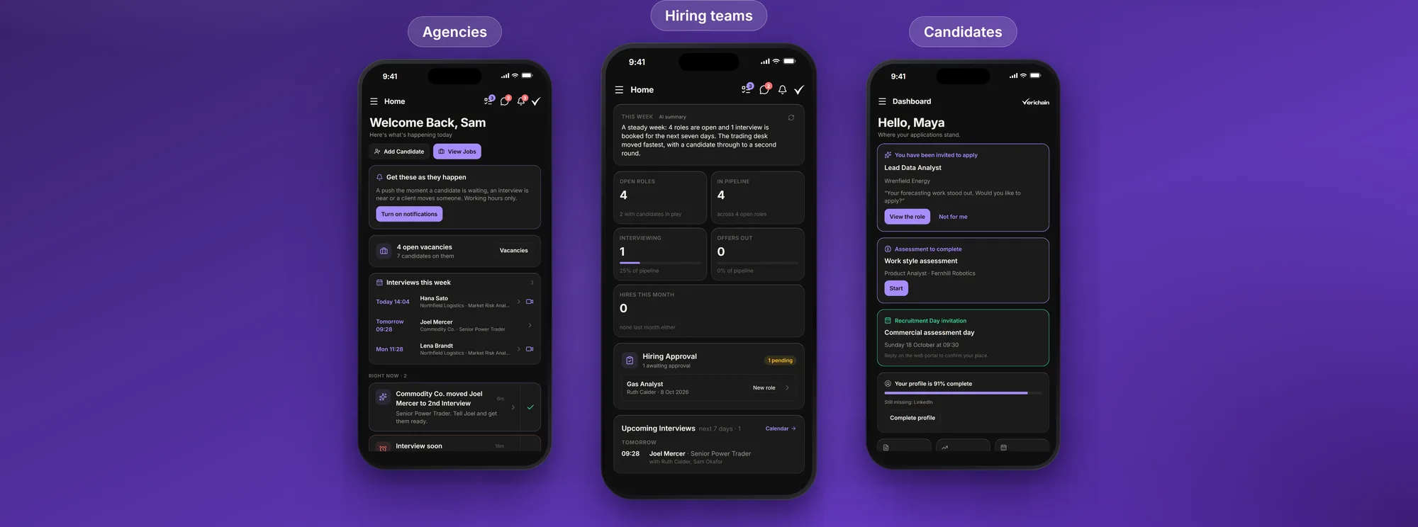 Three iPhones showing the Verichain app for agencies, hiring teams and candidates